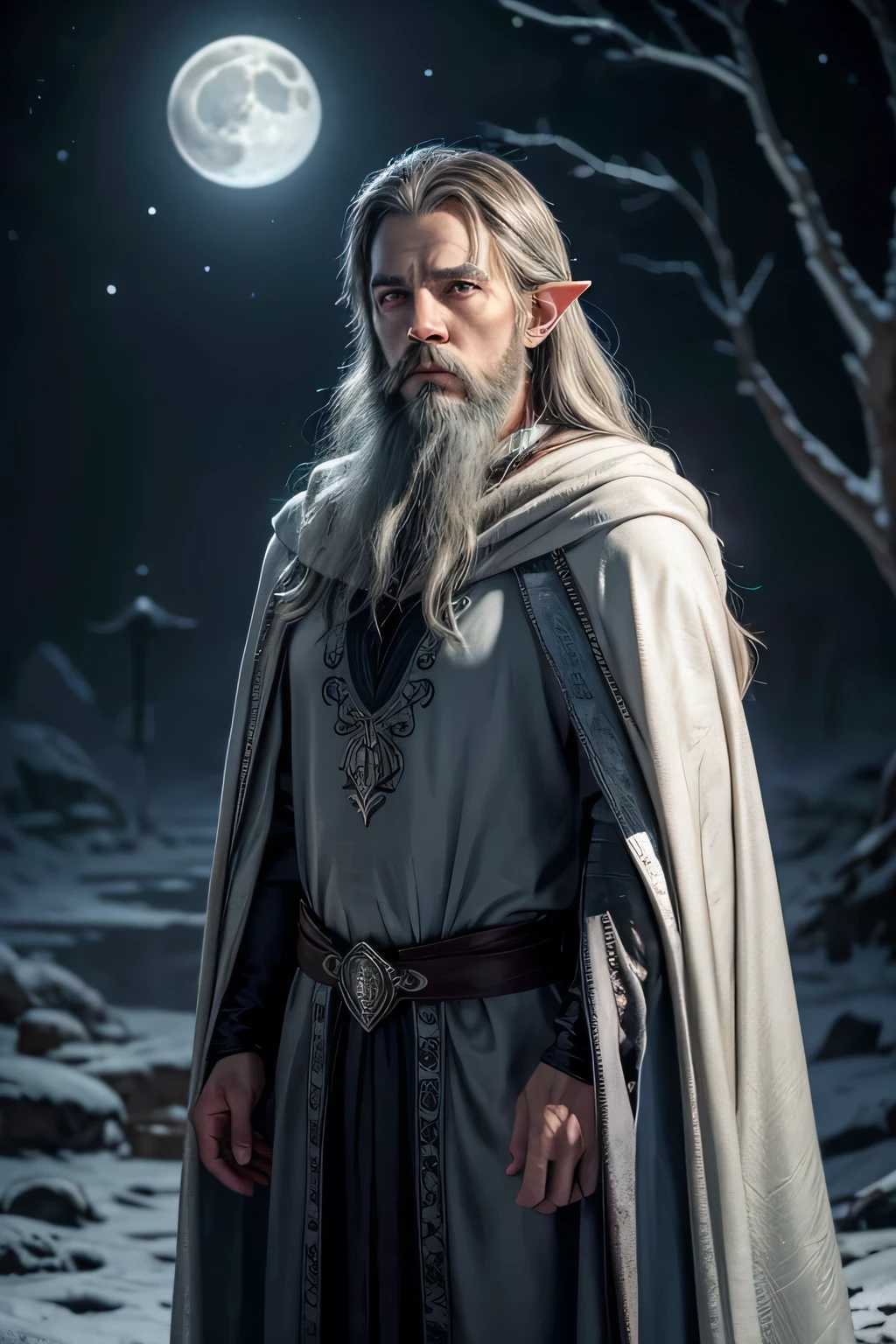 old male moon elf wizard librarian with blue eyes, alabaster skin, silver long hair, beard , dark cloak ,like tom cruise