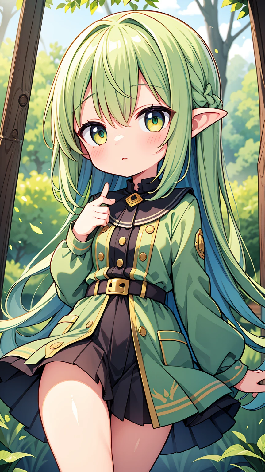 Masterpiece, Best Quality, high resolution, (li), girl, goblin, greenish skin, small busts, female goblin clothing, has a spear, shy face, he is afraid, is in the forest, she has golden eyes