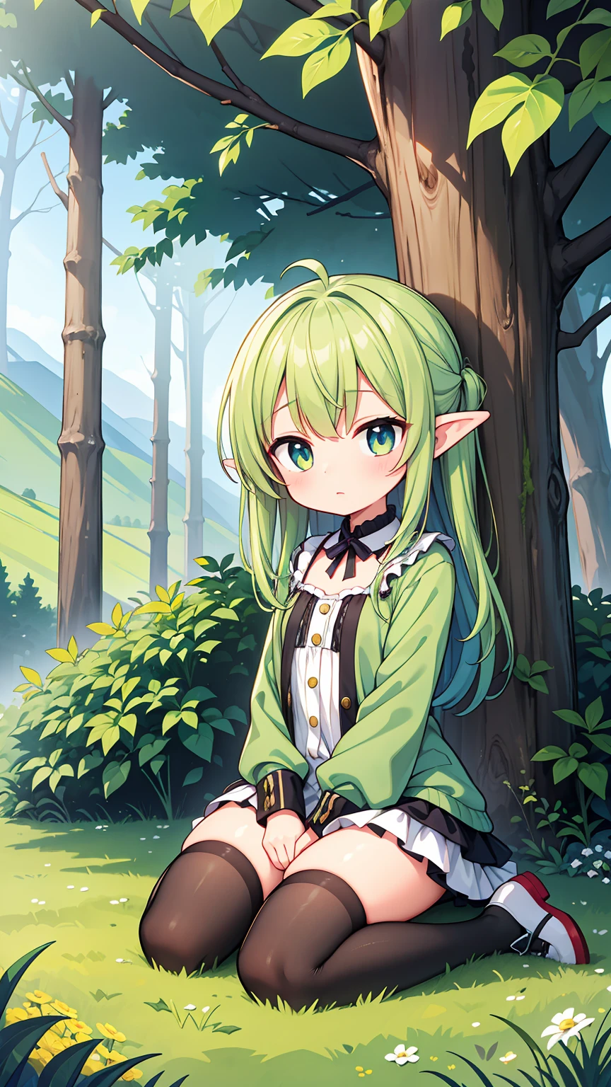 Masterpiece, Best Quality, high resolution, (loli), girl, goblin, greenish skin, small busts, female goblin clothing, has a spear, shy face, he is afraid, is in the forest, she has golden eyes
