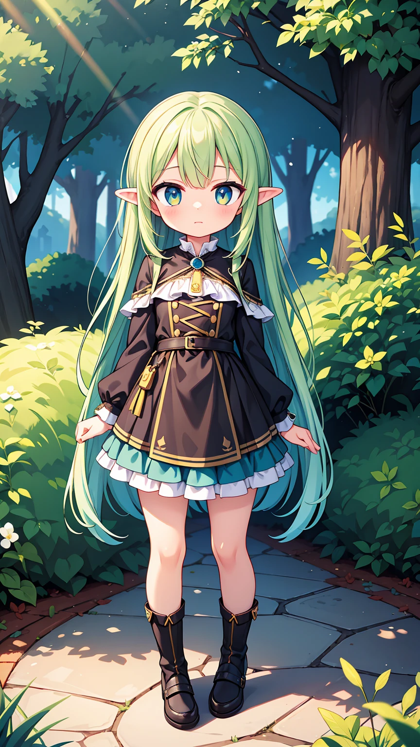 Masterpiece, Best Quality, high resolution, (loli), girl, goblin, greenish skin, small busts, female goblin clothing, has a spear, shy face, he is afraid, is in the forest, she has golden eyes