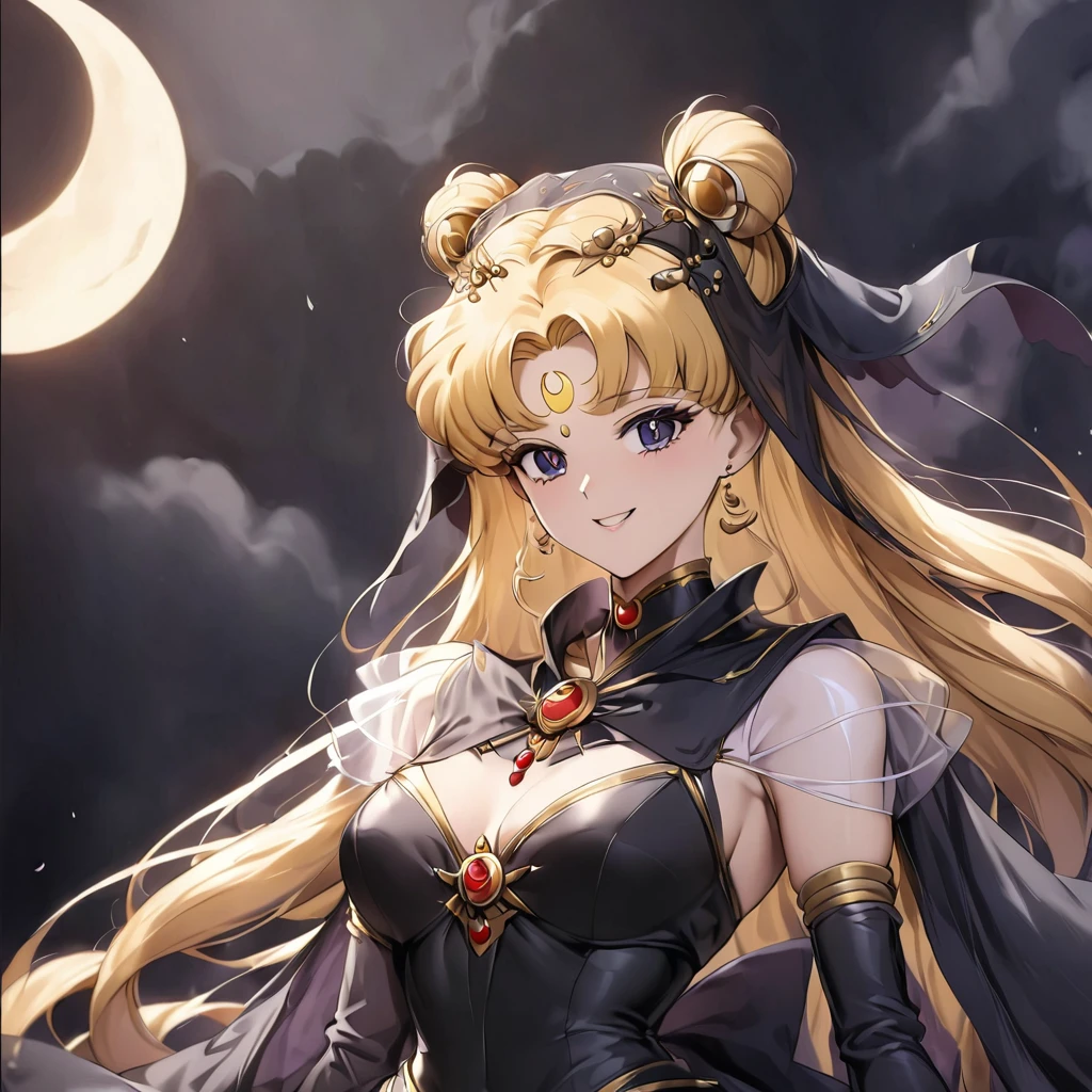 ((Highest quality)), ((masterpiece)), (detailed), (Perfect Face)、Black moon mark on forehead、The woman is the Dark Queen of the Black Moon of the Black Moon Clan, Black Serenity, and has blonde hair.2The woman with long hair tied up is Princess Serenity、The woman has a black inverted crescent moon mark on her forehead, is wearing a gorgeous black gothic Victorian dress, a black veil and a black see-through cape, is the queen of darkness, is the jet-black Princess Serenity, and has a happy expression as she looks at the camera, with the expression of a maiden in love.