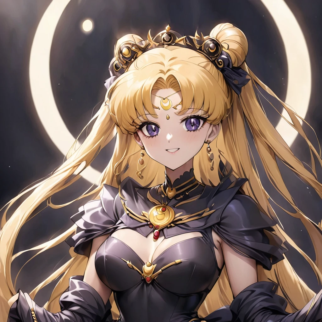 ((Highest quality)), ((masterpiece)), (detailed), （Perfect Face）、Black moon mark on forehead、The woman is the Dark Queen of the Black Moon of the Black Moon Clan, Black Serenity, and has blonde hair.２The woman with long hair tied up is Princess Serenity、The woman has a black inverted crescent moon mark on her forehead, is wearing a gorgeous black gothic Victorian dress, a black veil and a black see-through cape, is the queen of darkness, is the jet-black Princess Serenity, and has a happy expression as she looks at the camera, with the expression of a maiden in love.