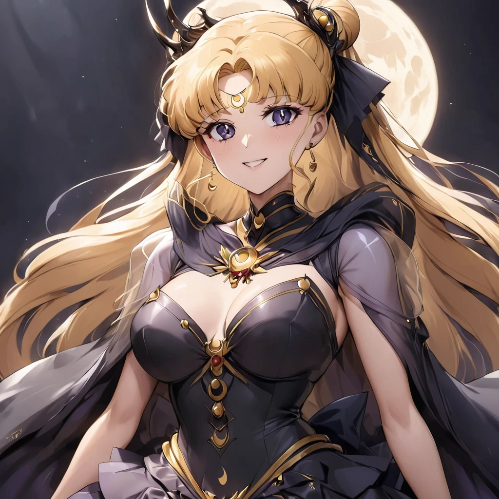 ((Highest quality)), ((masterpiece)), (detailed), (Perfect Face)、Black moon mark on forehead、The woman is the Dark Queen of the Black Moon of the Black Moon Clan, Black Serenity, and has blonde hair.2The woman with long hair tied up is Princess Serenity、The woman has a black inverted crescent moon mark on her forehead, is wearing a gorgeous black gothic Victorian dress, a black veil and a black see-through cape, is the queen of darkness, is the jet-black Princess Serenity, and has a happy expression as she looks at the camera, with the expression of a maiden in love.
