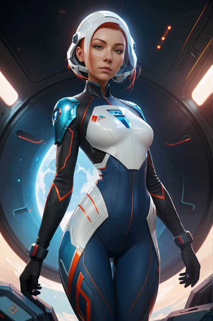 ((a woman with red hair, natural blue skin)), wearing a futuristic suit, fully body, Astronaut Armored Suit , Anime Space Cadet Girl, Wojtek FUS, Epic science fiction character art, Epic Sci-Fi Character Art, detailed digital concept art, artstation trend, Trend at Artstation headquarters, Sci - science fiction character, thigh gap, small waist, Slender thighs
