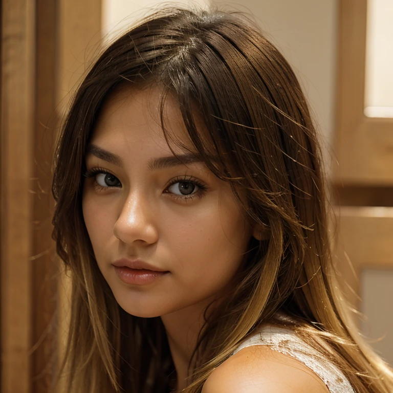 Mixed european and asian descent woman with golden blond hair with dark brown eyes