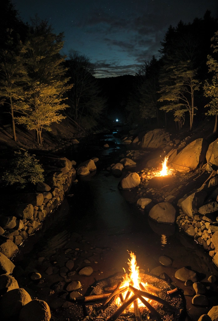No people,bonfireは一か所だけ,Near the stream(Illumination:0.1), bonfire,Smoke from the fire, water, The river flows slowly, Documentary filming, ((big)) Sharp focus,Person deleted,bonfireは一か所