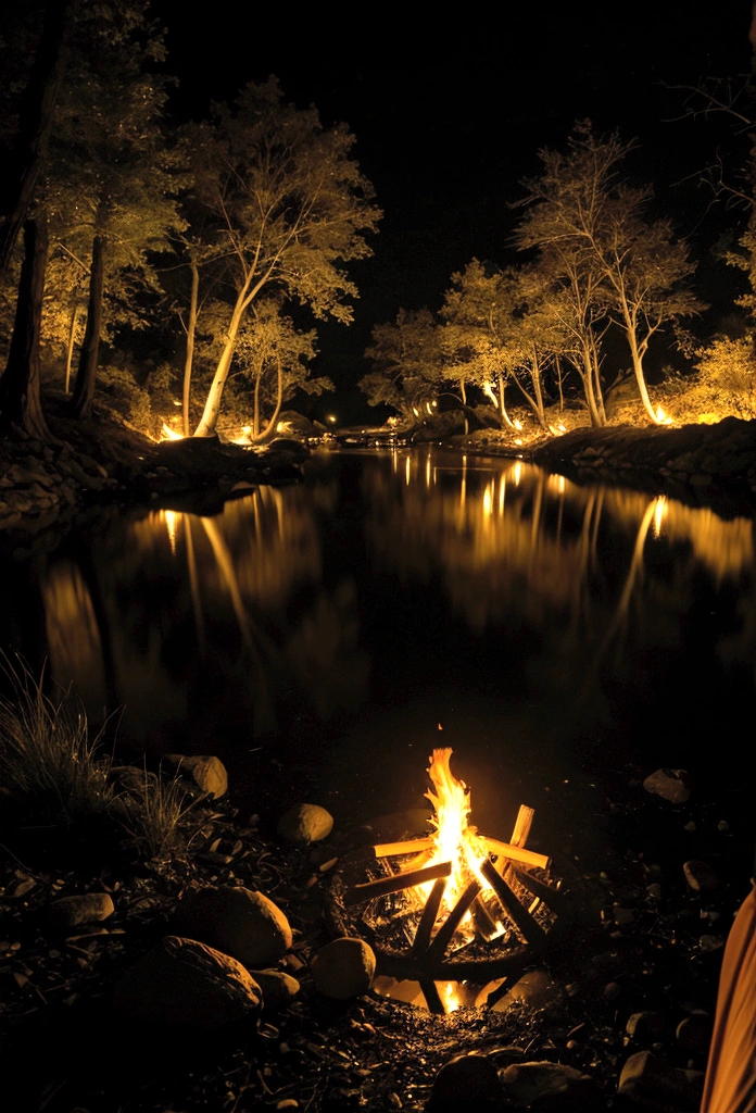 No people,bonfireは一か所だけ,Near the stream(Illumination:0.1), bonfire,Smoke from the fire, water, The river flows slowly, Documentary filming, ((big)) Sharp focus,Person deleted,bonfireは一か所