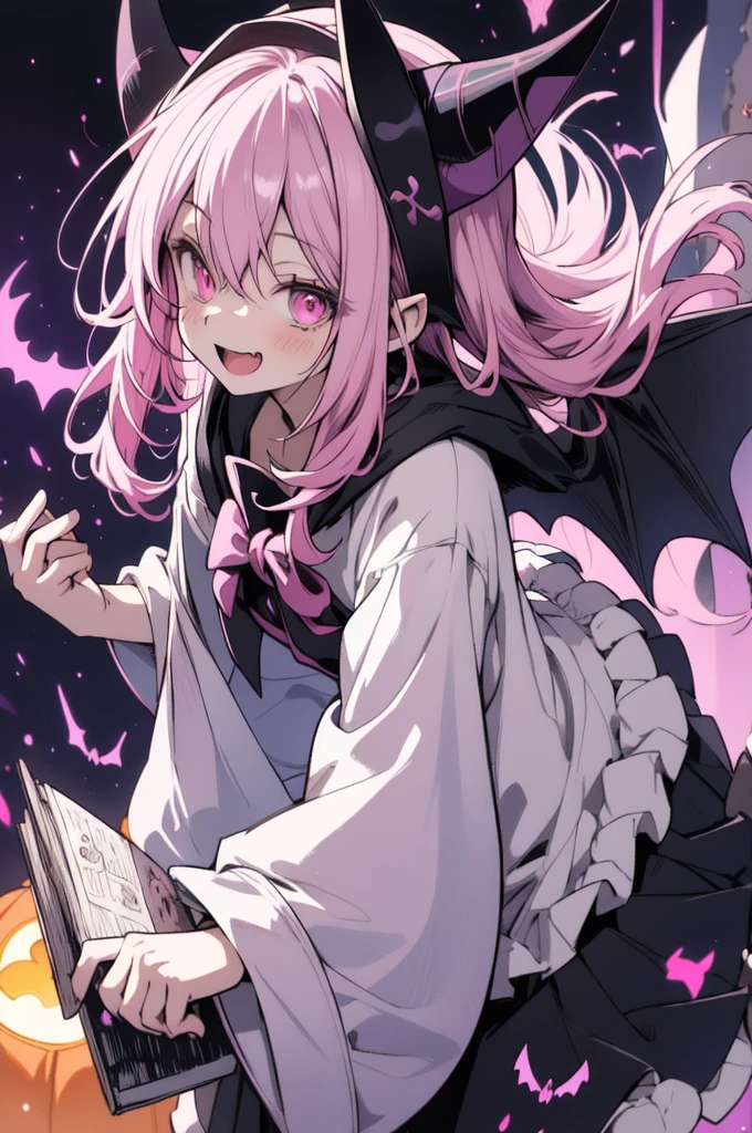 adorable anime character, pink hair, neatly styled, black devil horn hood, skull accessory, large purple eyes, open mouth smile, ghosts, pumpkin ghost, bats flying around her, deformed church background, pastel color palette, outlined, storybook style, warm and cozy, textured paper, hologram-like effect, digital and analog fusion, digital illustration