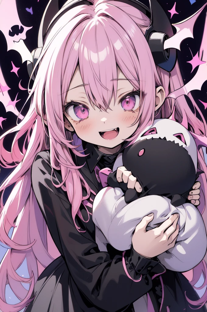 chibi anime girl, pink hair, neatly styled, black hood with devil horns, skull hair clip, big round purple eyes, excited expression, ghosts and pumpkin ghost, bats flying around her, deformed church backdrop, pastel tones, outlined, storybook illustration style, warm touch, textured paper, hologram effect, digital and analog blend, kawaii design, digital art