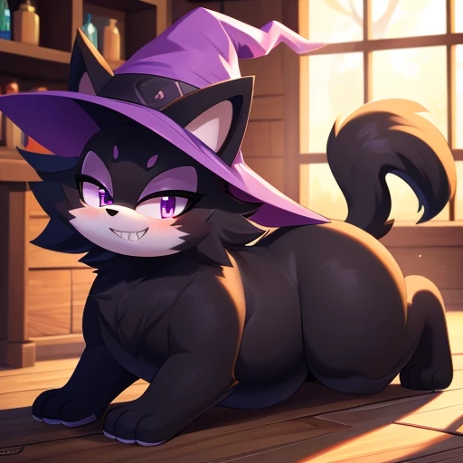 mobian, black cat, one-tone fur ((black fur)), purple eyes, longeyelashes, purple eyes, smile, lustful, blush, high detail, masterpiece, UHD, anatomically correct, super detail, highres, 4K, big cat,feral body,fat feral, four legs, not bipedal, feral cat, fat, fat belly, fat thighs, fat legs, fat face, lovehandles, golden eyes, black fur, only black fur, no hair, sharp teeth, wearing purple witch hat, inside witch shop