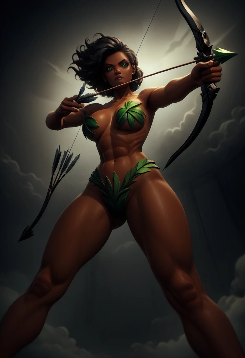Action shot of beautiful aiming a black bow weapon, bow and arrow, aiming down at camera, girl made up of black smoke, african woman, dark skin, emerging from the shadows, bright green eyes, curves, naked, glimpses of beautiful body though the smoke, hints of nakedness, dark theme, cloaked in smoke, wrapped in darkness, 8K, HD, amazing quality, HD, masterpiece, best quality, hyper detailed, ultra detailed, from below, low angle