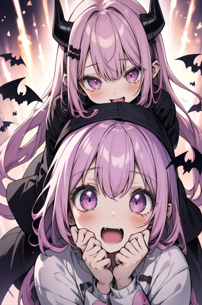 chibi anime girl, pink hair, neatly styled, black hood with devil horns, skull hair clip, big round purple eyes, excited expression, ghosts and pumpkin ghost, bats flying around her, deformed church backdrop, pastel tones, outlined, storybook illustration style, warm touch, textured paper, hologram effect, digital and analog blend, kawaii design, digital art