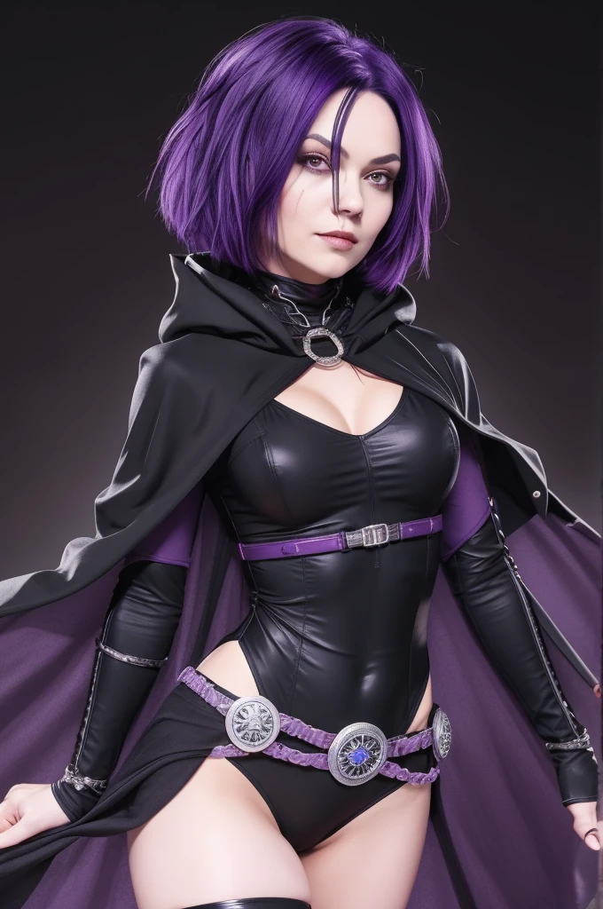 1girl, raven, black leotard, black cape, hood, purple hair, forehead jewel, purple eyes, short hair, belt, skin tight, standing, cleavage, toned, breasts, pose, night, moonlight, ((posing)), motion lines, torso, upper body, portrait, b&w. outline,