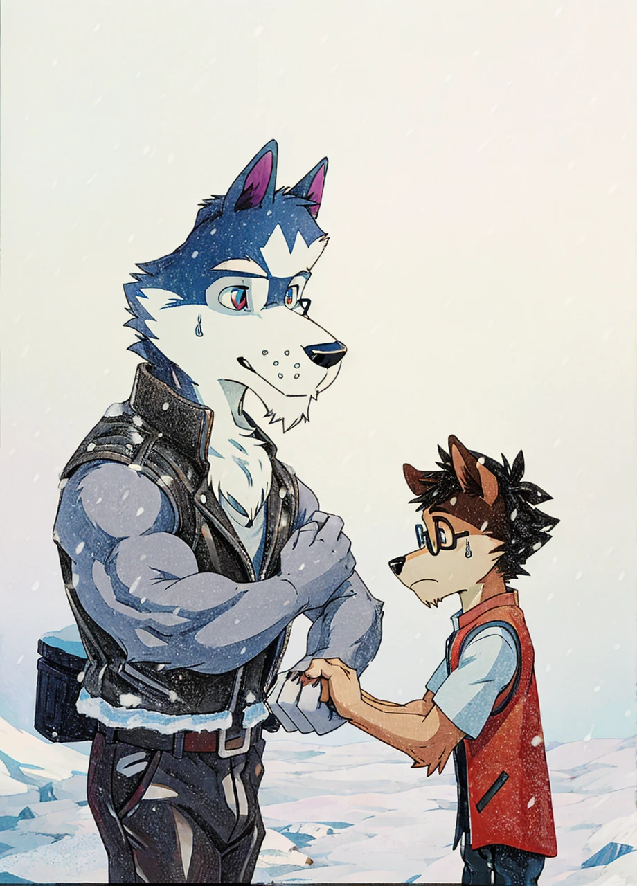 A muscular husky dog with strong, muscular build, white and black fur, wearing a leather jacket, winter pants, and snow boots, standing in an arctic landscape. A skinny boy with circle glasses, wearing a t-shirt, vest, sweatpants, holding hands with the dog, with eyes between them.