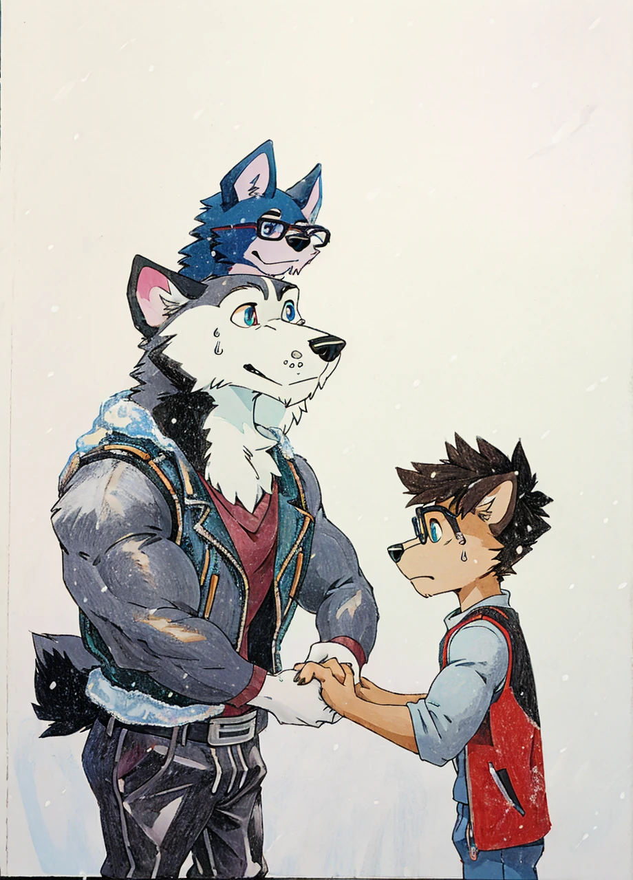 A muscular husky dog with strong, muscular build, white and black fur, wearing a leather jacket, winter pants, and snow boots, standing in an arctic landscape. A skinny boy with circle glasses, wearing a t-shirt, vest, sweatpants, holding hands with the dog, with eyes between them.