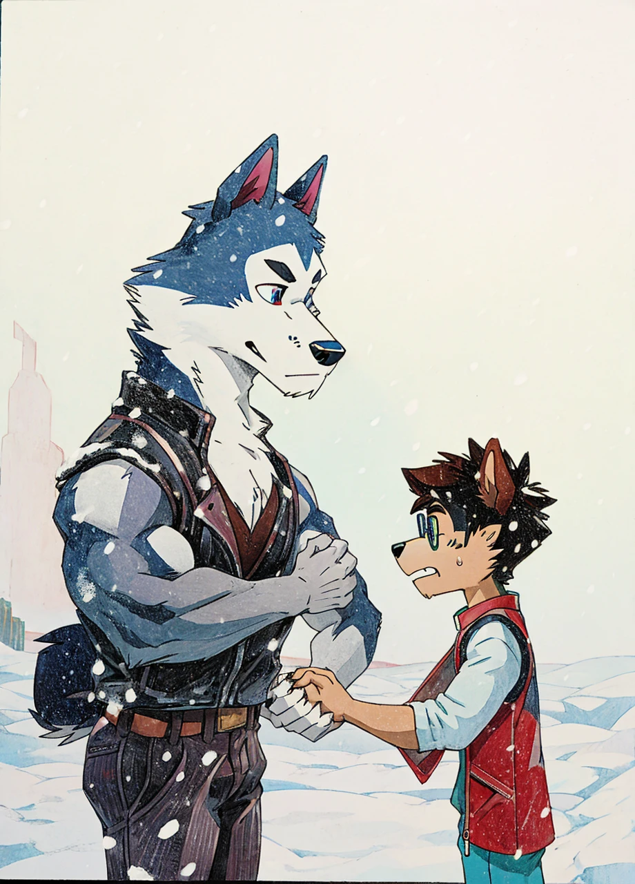 A muscular husky dog with strong, muscular build, white and black fur, wearing a leather jacket, winter pants, and snow boots, standing in an arctic landscape. A skinny boy with circle glasses, wearing a t-shirt, vest, sweatpants, holding hands with the dog, with eyes between them.