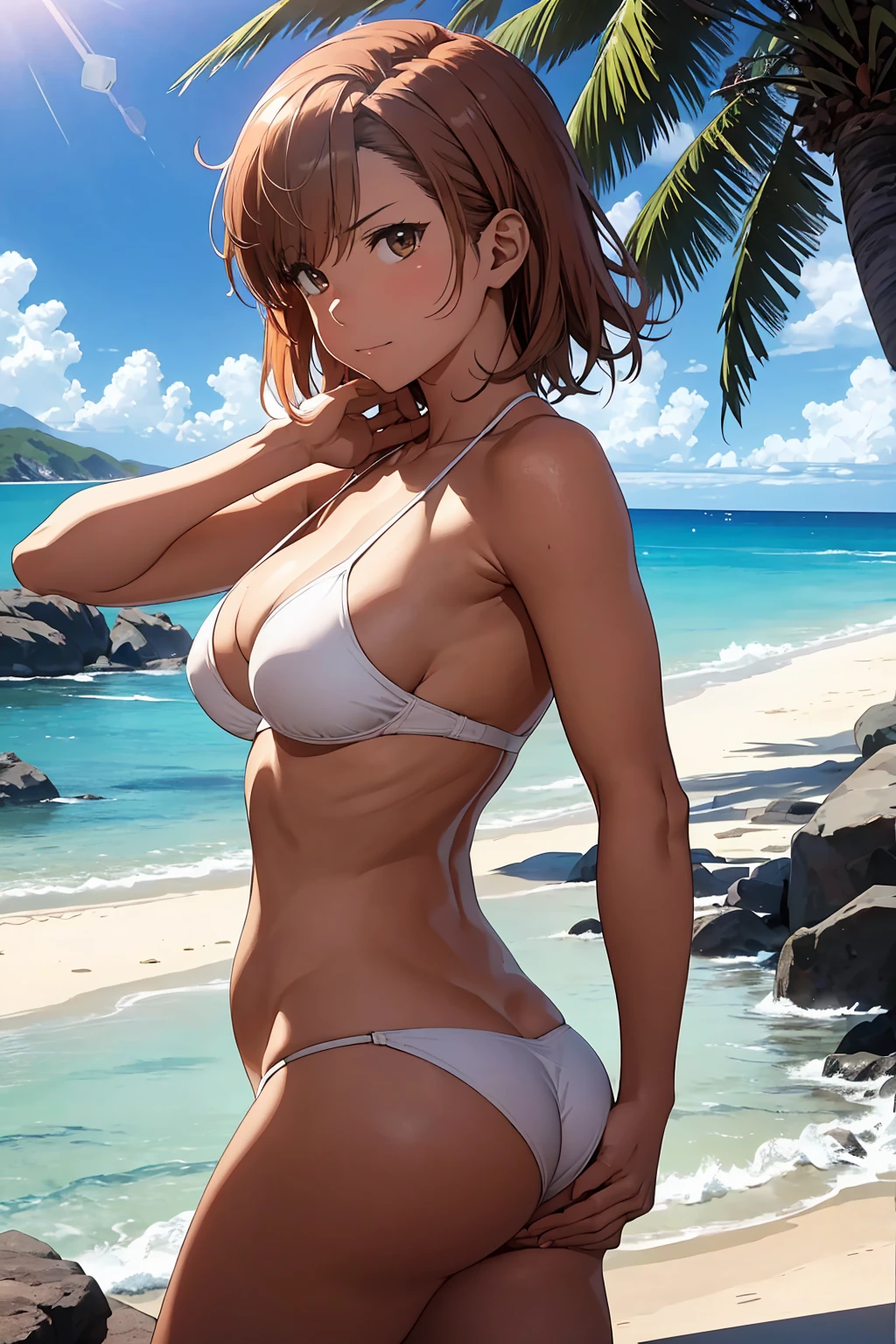 Browsing Caution　(Highest quality:1.5, High resolution, 超High resolution, 4K, Detailed lighting, Shaders), Browsing Caution Misaka Mikoto,　{alone}++ short hair　Brown Hair　Brown eyes　Cool face　White thong bikini　Realistic sun rays　 Beautiful beaches　Super fatty muscle　Muscular　Beautiful ass　Beautiful back　Sweat　Oblique angle from behind　Stick your butt out　On all fours　　Wet crotch　Flowing body fluids　　　Completely naked　topless　Beautiful beach