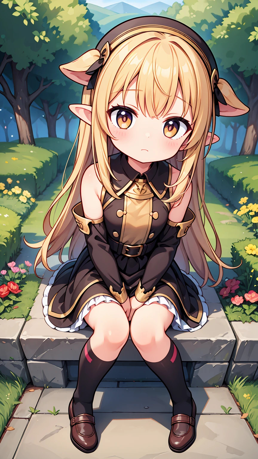 Masterpiece, Best Quality, high resolution, (loli), girl, goblin, small busts, worn brown tunic, has a spear, shy face, he is afraid, is in the forest, she has golden eyes