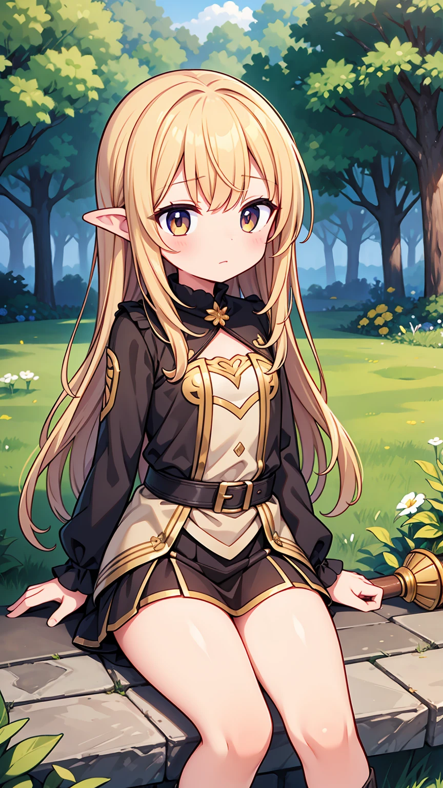 Masterpiece, Best Quality, high resolution, (li), girl, goblin, small busts, worn brown tunic, has a spear, shy face, he is afraid, is in the forest, she has golden eyes