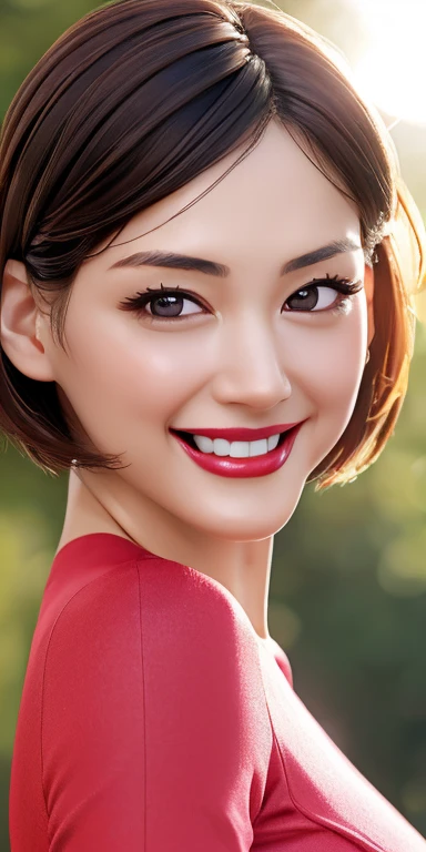 (Highest quality:1.4),(Shiny skin), Body Focus, Accurate line of sight、(cute 顔), (((Highest quality))), figure, ((Beautiful Fingers)), , Beautiful body, Beautiful character design, ,Perfect lighting, colorful, Light brown hair、 超High resolution, High resolution, Absurd:1.2, Bokeh:1.2, Lens flare, (Vibrant_color:1.2), (Beautiful breasts:1.4), ((Tight clothing that shows your body lines)), Detailed face、Detailed eyes、Realistic facial wrinkles、
black eye, smile, short hair, 40 years old、Red lips、
