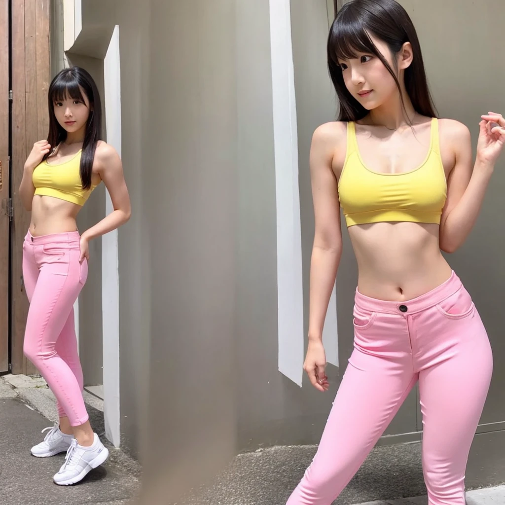Sakurauchi Riko, pink skinny sweet pants, tight gym bra, perspiration,drops of sweat ,yellow eyes,(thick legs:0.8), standing, (Thicc hip:0.8),(thin waist:1.1), (on one side:0.8)