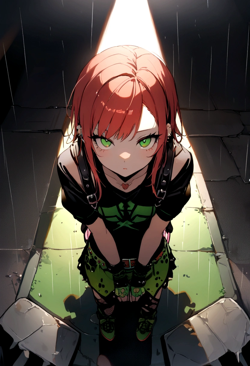 (Highest quality、8K、32k、masterpiece、Hmph:1.3)、(Photorealistic:1.4),(Shoot from the front,View your viewers:1.5)、((18-year-old punk girl,Unusual punk hair:1.3)),((green punk fashion:1.5)),Clothes with studs、((Black backpack on the back 1.5))、((Redhead:1.5)),Wacky makeup、、Dark Background、A desolate town soaked in rain、Puddles on the road、(Cinema Lighting)、Written boundary depth,Blurred Background、