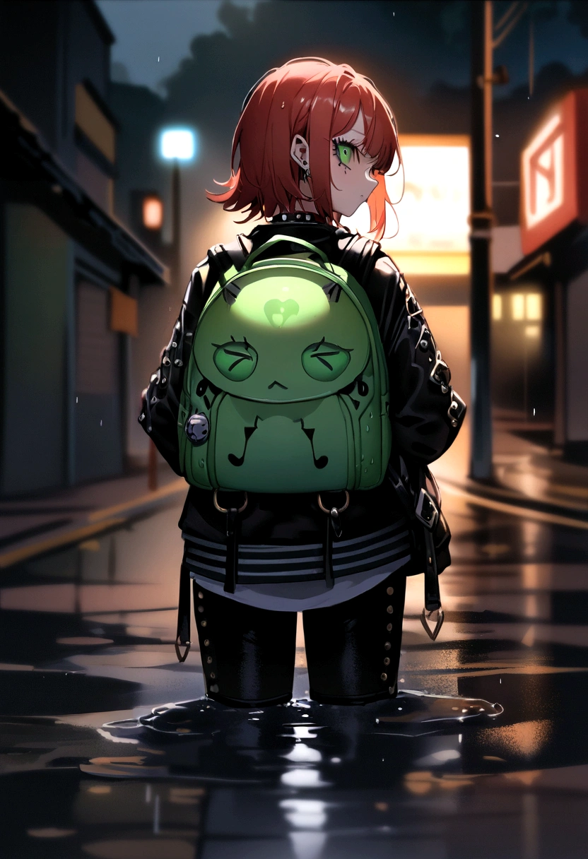 (Highest quality、8K、32k、masterpiece、Hmph:1.3)、(Photorealistic:1.4),(Shoot from the front,View your viewers:1.5)、((18-year-old punk girl,Unusual punk hair:1.3)),((green punk fashion:1.5)),Clothes with studs、((Black backpack on the back 1.5))、((Redhead:1.5)),Wacky makeup、、Dark Background、A desolate town soaked in rain、Puddles on the road、(Cinema Lighting)、Written boundary depth,Blurred Background、