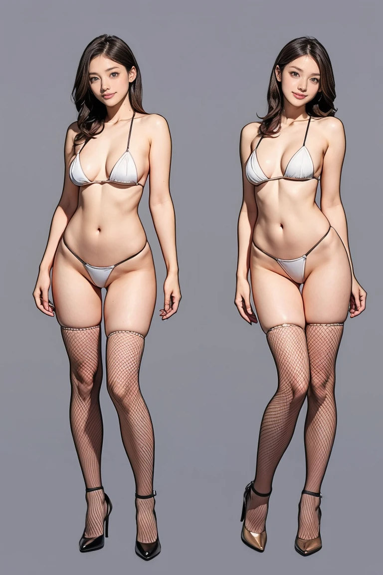((masterpiece)),(((Highest quality))),((Character design sheet)),Thin thighs,Long legs,OL:1.5,Wearing red fishnet stockings:1.5,The best smile:1.5,Full Body Shot:1.5,Gray background:1.5,Wearing black high heels:1.5,All Nude:1.5,Sexy white micro bikini:1.5