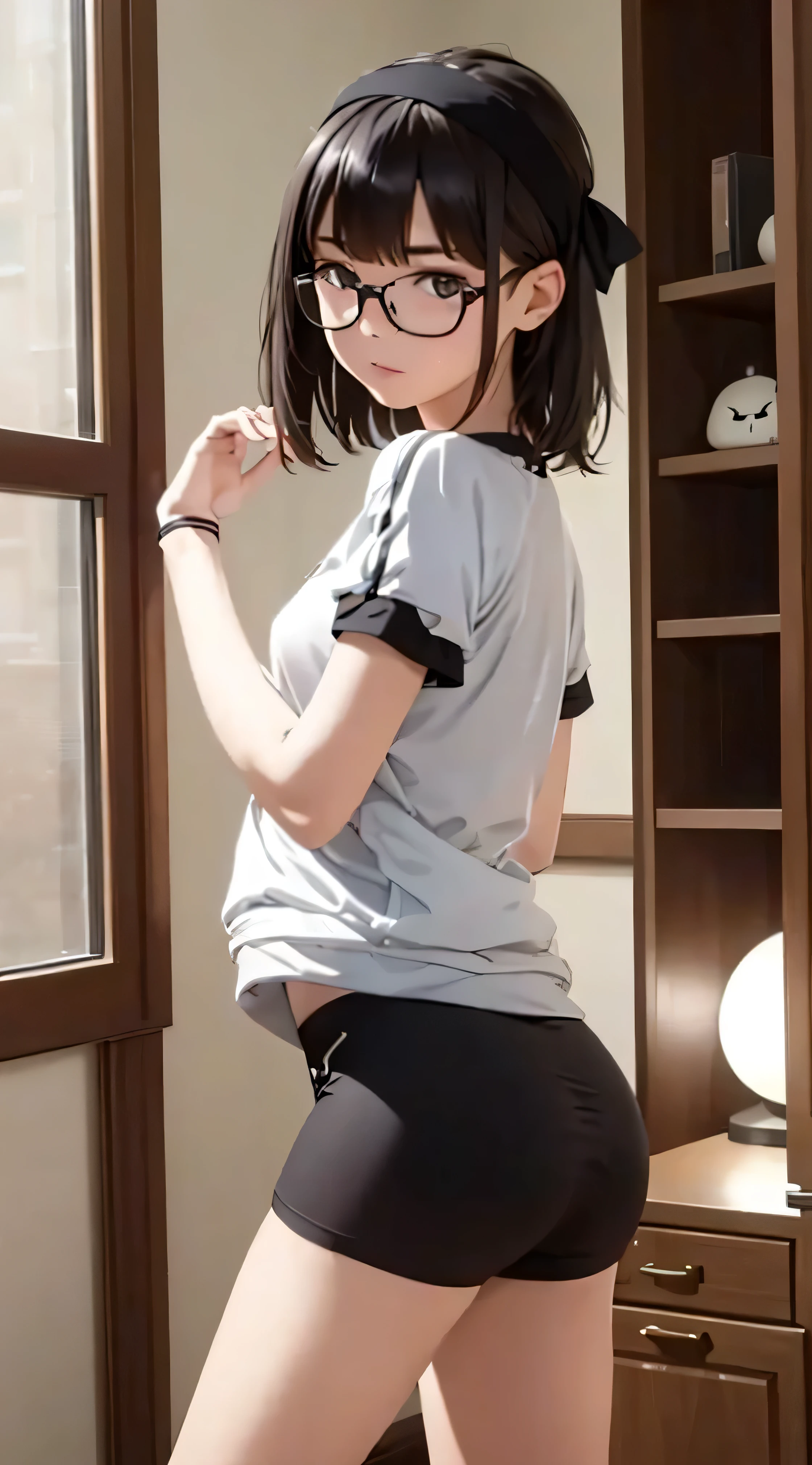 (Tabletop, Highest quality, Capture the cutest moment, Depth of written boundary, Ultra-detailed, Ultra-high resolution, C4D, Octadale, 3D Modeling, 8K, 16K, One Girl,Middle school students, small ,Black-haired,short hair,Straight Hair,Light brown eyes,White headband,Wearing black glasses,Cute face), See-through gym clothes、bloomers、Shabby room,knight,Moonlight, Recall,