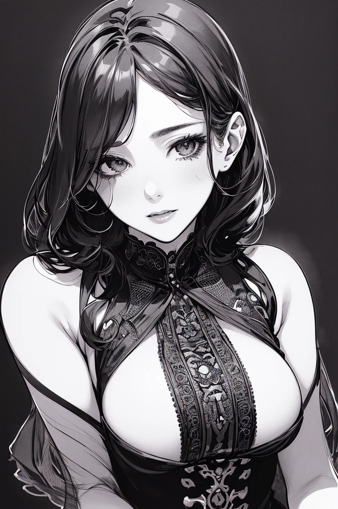 Highest quality, (Background details), High Contrast, Very beautiful woman, Detailed original illustrations、functional、Delicate face、charm、sexy、Real breasts、 Head close-up, Black background, (Black background: 1.5), Beautiful line art、Monochrome