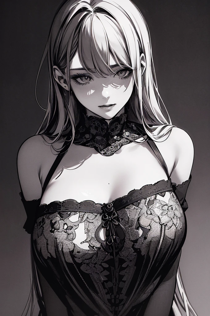Highest quality, (Background details), High Contrast, Very beautiful woman, Detailed original illustrations、functional、Delicate face、charm、、Real breasts、 Head close-up, Black background, (Black background: 1.5), Beautiful line art、Monochrome