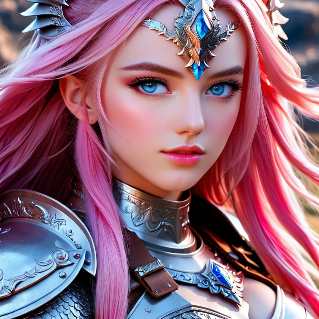 A hyper-realistic close-up portrait of a warrior maiden with blue eyes and long pink hair, wearing intricate armor and set against a battlefield background.