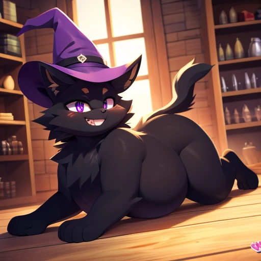 mobian, black cat, one-tone fur ((black fur)), purple eyes, longeyelashes, purple eyes, smile, lustful, blush, high detail, masterpiece, UHD, anatomically correct, super detail, highres, 4K, big cat,feral body,fat feral, four legs, not bipedal, feral cat, fat, fat belly, fat thighs, fat legs, fat face, lovehandles, golden eyes, black fur, only black fur, no hair, sharp teeth, wearing purple witch hat, inside witch shop