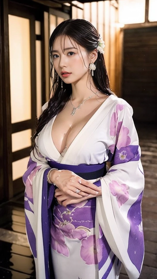 (Genuine:1.5、8K、Highest quality、masterpiece、Ultra-high resolution)、(((heavy snow、From below)))、Perfect dynamic composition:1.2、(Shrine at night in a modern city、Expressions of sadness:0.9、Low angle shooting:0.9)、More on skin and facial texture:1.ung woman getting wet in the rain:1.3、White skin:1.2、Sexy beauty:1.1、Incredibly slim body:1.2、beautifully、Danmei:1.1、とてもbeautiful顔:1.2、Water droplets on the skin、(Rain drips on my body:1.2、Wet body:1.2、Wet Hair:1.3)、(Professional kimono dressing、With a wet bouquet:1.2、wear)How to wear a wet kimono correctly:1.3)、(Big Breasts、Bra is visible through、Chest gap)、(beautifulエロティシズムを醸し出す大きな瞳:0.8、beautiful, Sexy lips:0.8)、necklace、Earrings、bracelet、wedding ring、Highly detailed and accurate hands and fingers、