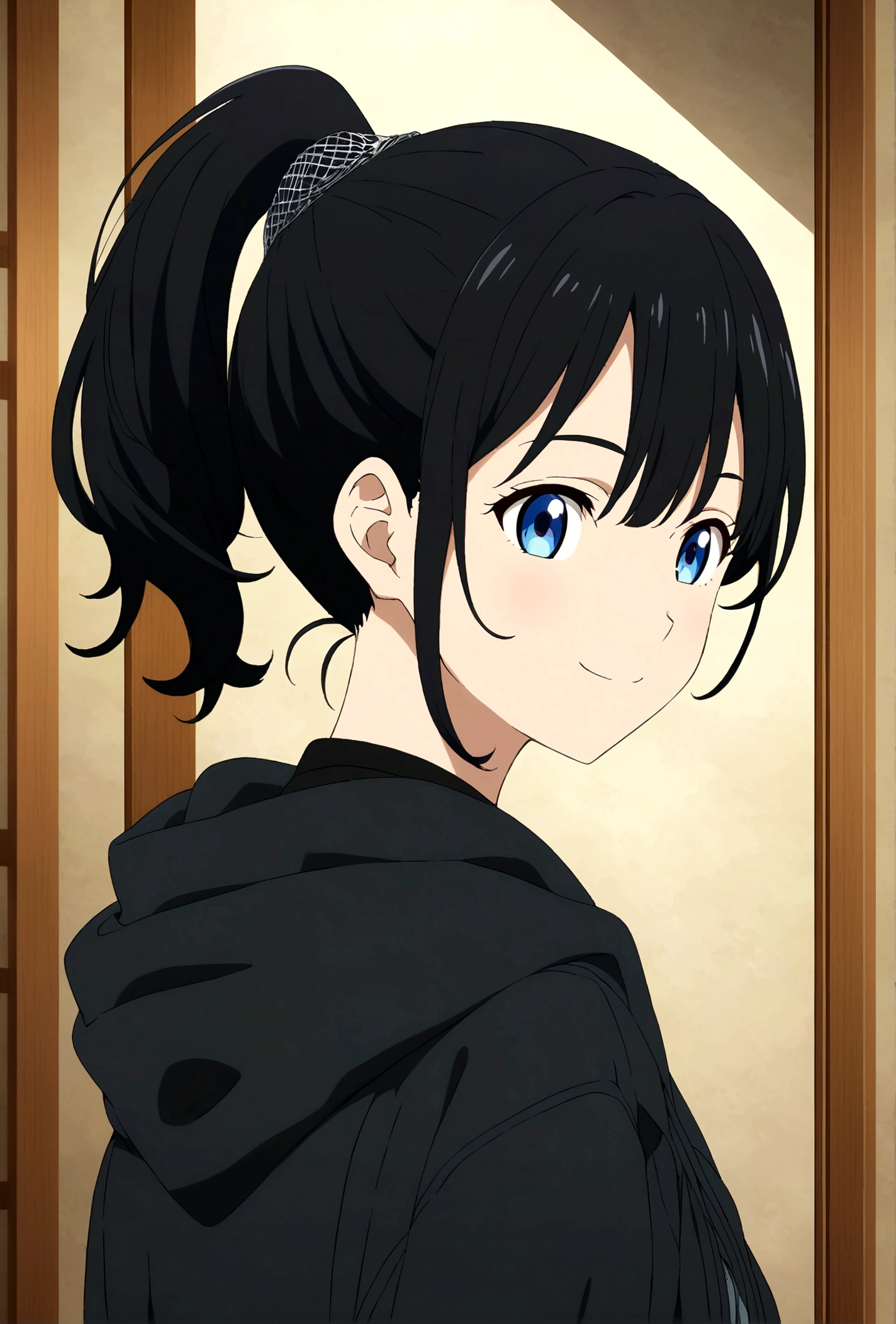 Black Hair、Blue Mesh、ponytail、Black hoodie、Girl、smile、Anime Style