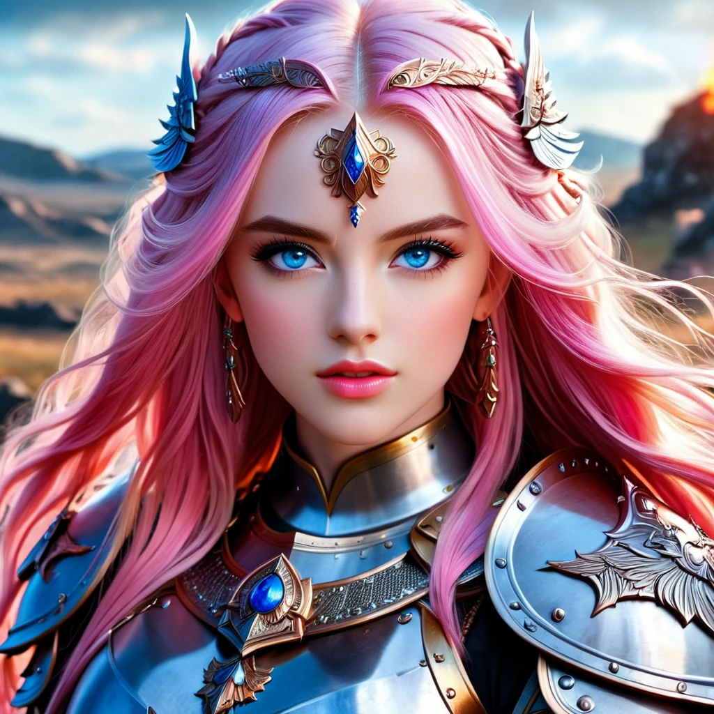 A hyper-realistic portrait of a warrior maiden with blue eyes and long pink hair, wearing intricate armor and set against a battlefield background.