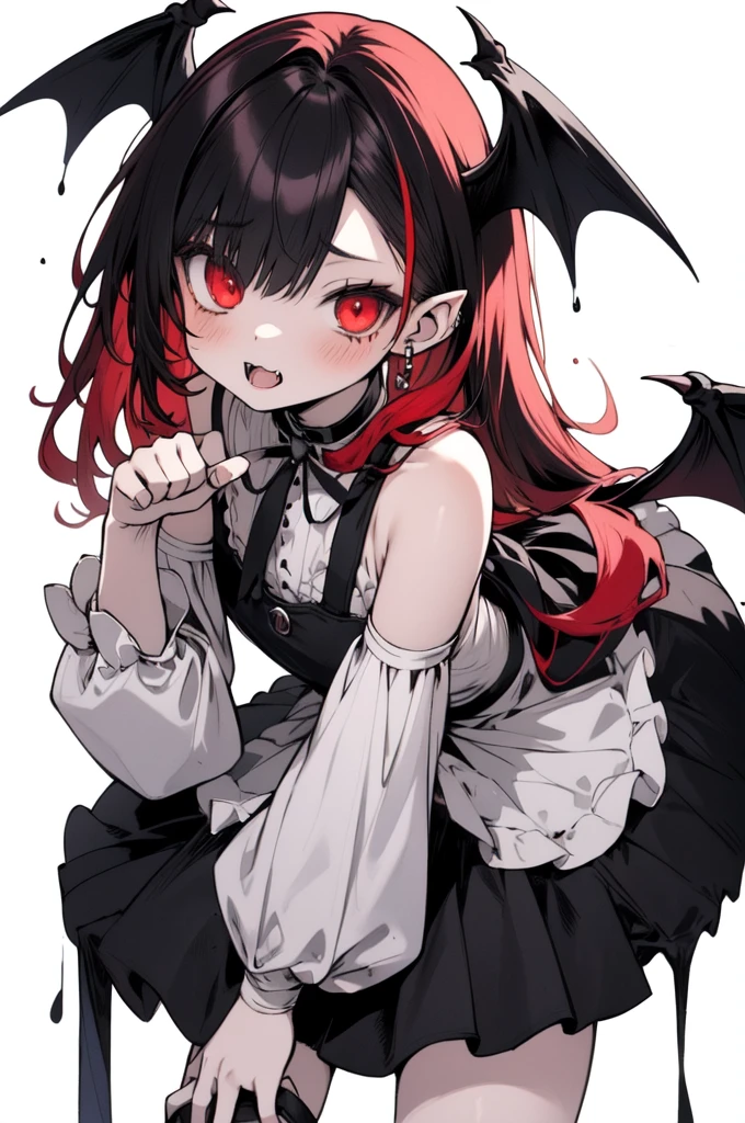 Gothic chibi girl, red hair, bat wings, white dress with blood stains, dark theme, big eyes, horror style, creepy cute, kawaii, chibi art, spooky aesthetic, character design, fantasy illustration, interesting pose, random pose