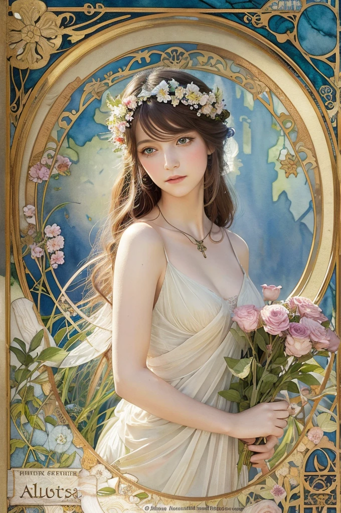 Depicts a beautiful woman with flowers in her hair、Highly detailed watercolor painting, The style of Alfons Maria Mucha and Gustav Kirmut, Art Nouveau accents, Fairy Princess, Anthropomorphic woman, Female figure, Detailed cover artwork, As the Flower Goddess, Alphonse Mucha, Gustav Klimt, Pale skin, Marble sculpture, society, Gothic art, Art Nouveau, Behance Contest Winner