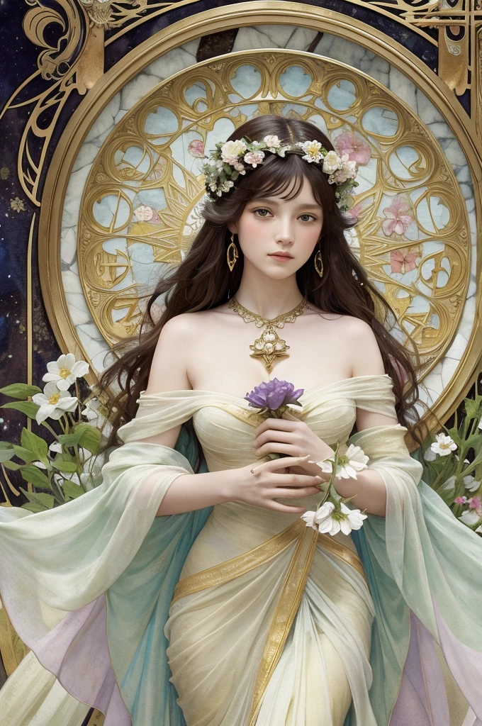 Depicts a beautiful woman with flowers in her hair、Highly detailed watercolor painting, The style of Alfons Maria Mucha and Gustav Kirmut, Art Nouveau accents, Fairy Princess, Anthropomorphic woman, Female figure, Detailed cover artwork, As the Flower Goddess, Alphonse Mucha, Gustav Klimt, Pale skin, Marble sculpture, society, Gothic art, Art Nouveau, Behance Contest Winner