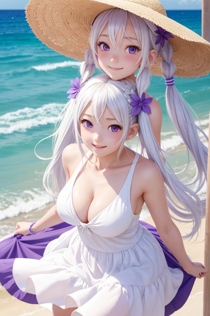 best quality, masterpiece, , ,short, huge breasts, white hair,low twintails, purple eyes, yukine chris, thin twintails,, beach, sea, white dress, white skirt, white one-piece, straw hat, (((shy))), (happy), leaning forward, summer, from above, reaching out, smiling,