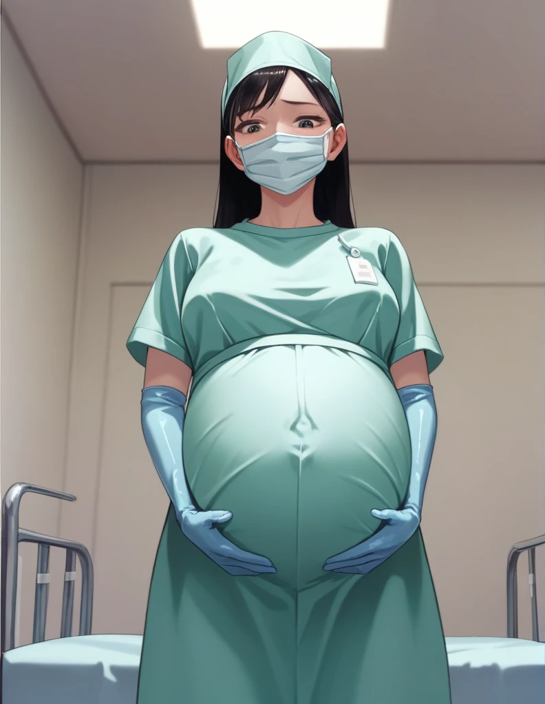 score_9,  score_8_up, score_7_up, source_anime, kasuganoray, pale skin, shy eyes, long hair, scrubs, surgical mask, surgical cap, seamless long sleeved maternity clothes, 
1girl, pregnant, solo, rubber gloves, looking down, furrowed brow, hospital bed, standing