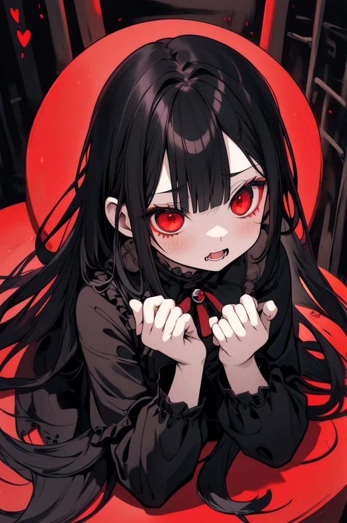 Gothic chibi girl, long black hair, red and black dress, big red eyes, creepy cute, kawaii, chibi art, dark fantasy, horror theme, detailed illustration, character design, spooky aesthetic, interesting pose, random pose