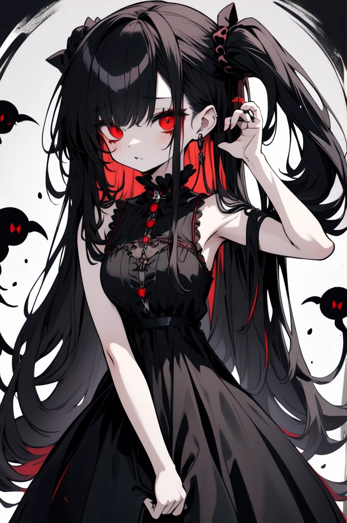 Gothic chibi girl, long black hair, red and black dress, big red eyes, creepy cute, kawaii, chibi art, dark fantasy, horror theme, detailed illustration, character design, spooky aesthetic, interesting pose, random pose