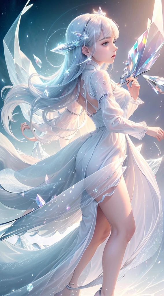 (Masterpiece, Top Quality, Best, Official Art, Beautiful and Aesthetic, Long Exposure: 1.2), Smooth Movement, Charming Patterns, 1 Girl, (Long Dress with Sleeves: 1.3), (((White Clothes) )), upper body close-up, bare shoulders, european girl, blush, black lob hair, portrait, solo, upper body, looking at the observer, detailed background, detailed face, (crystallineAI, crystalline theme:1.1),, rotation Wind, control the wind, white crystal clothing, dynamic pose, floating particles, ethereal dynamics, whirlwind, vapor, whirlwind in the background, white tone, whirlwind, ethereal atmosphere,