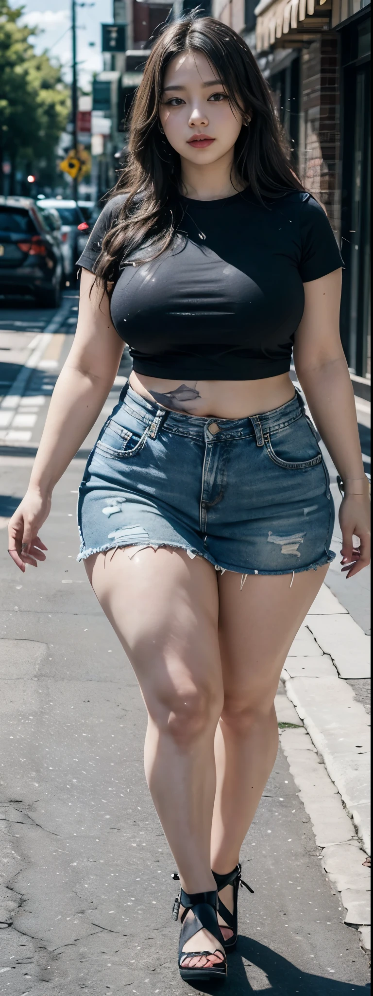 ((best quality)), ((masterpiece)), (detailed), perfect face, araffe woman in a dark-blue shirt and blue denim skirt walking down a street, thicc, she has a jiggly fat round belly, bbwchan, wearing tight simple clothes, skinny waist and thick hips, widest hips, her belly is fat and round, soft curvy shape, hyperrealistic full figure, wearing a cute top, wide hips