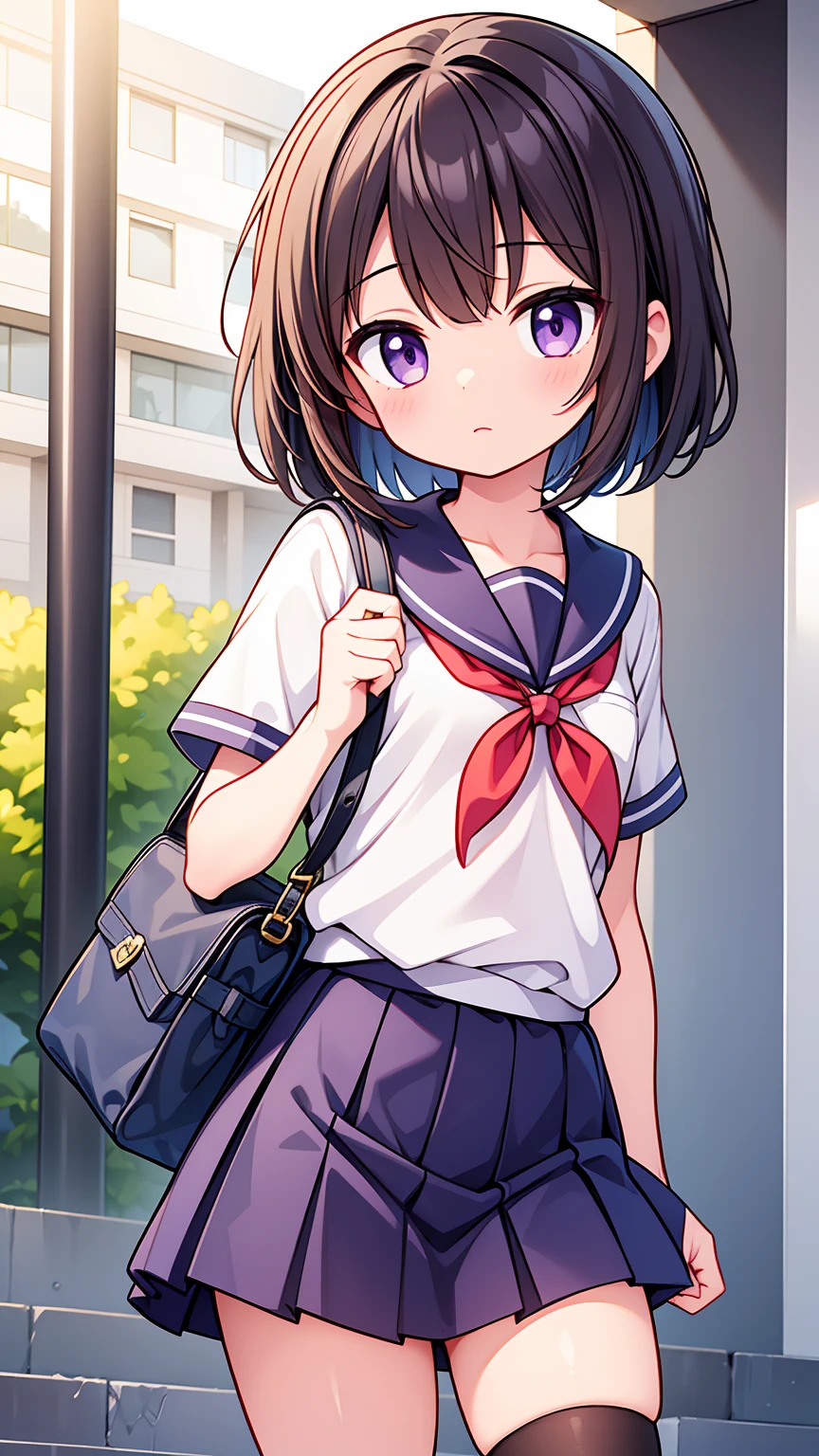 (High quality), (masterpiece), (very detailed), girl, (very small bust), short brown hair, purple eyes, shy face, (primary school ), showing her thighs, on the school yard, sunny, camera angle from below, adorable eyes, (primar school uniform)