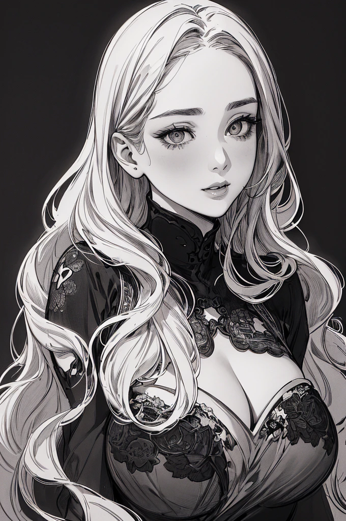 Highest quality, (Background details), High Contrast, Very beautiful woman, Detailed original illustrations、functional、Delicate face、charm、sexy、Real breasts、 Head close-up, Black background, (Black background: 1.5), Beautiful line art、Monochrome