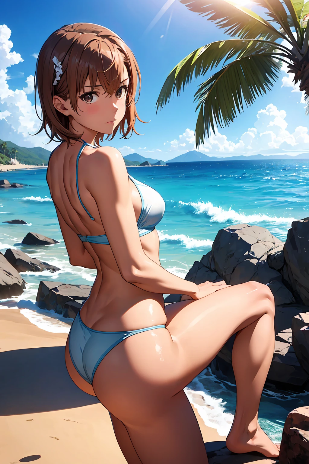 Browsing Caution (Highest quality:1.5, High resolution, 超High resolution, 4K, Detailed lighting, Shaders), Browsing Caution Misaka Mikoto, {alone}++ short hair Brown Hair Brown eyes Cool face White thong bikini Realistic sun rays Beautiful beaches Super fatty muscle Muscular Beautiful ass Beautiful back Sweat Oblique angle from behind Stick your butt out On all fours Wet crotch Flowing body fluids Completely naked topless Beautiful beach