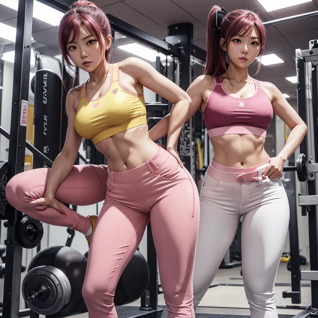 Three fitness bodybuilding abs immature junior high school girls, classroom writing, fitness clothes, big gold chain, colored pink jellyfish hair style, whole body