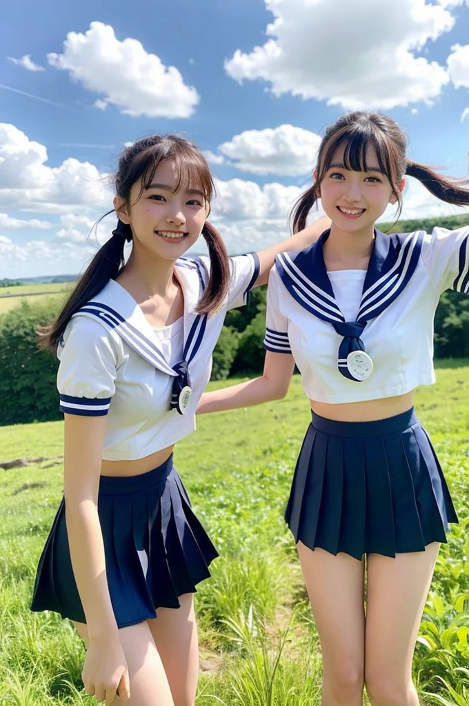 2 girls jumping in rural field,cumulonimbus cloud in summer blue sky,white sailor shirt,lifted up navy blue pleated skirt,white panties,18-year-old,bangs,a little smile,thighs,knees,short hair with low pigtails bunches,from beside,front light